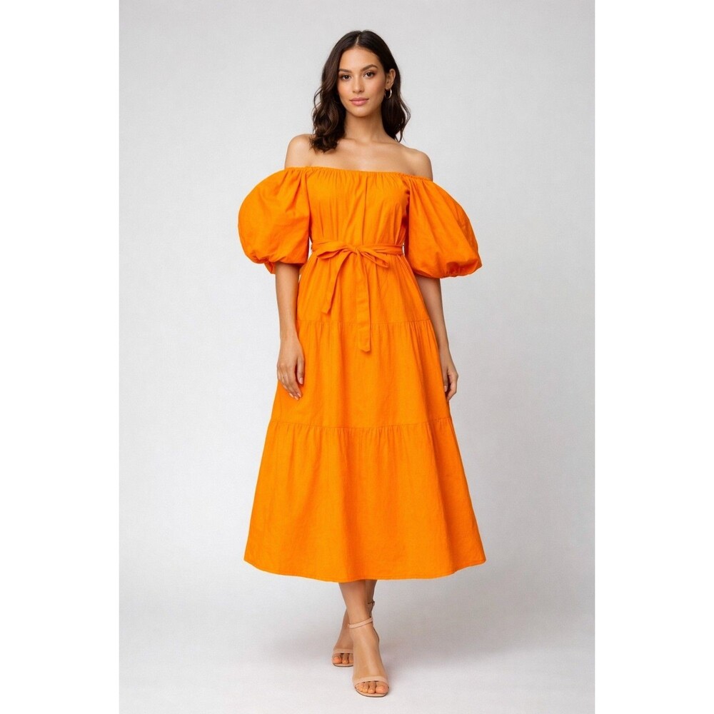 NWT Sim & Sam Orange Cotton Tiered Puff Sleeve Dress  Small
